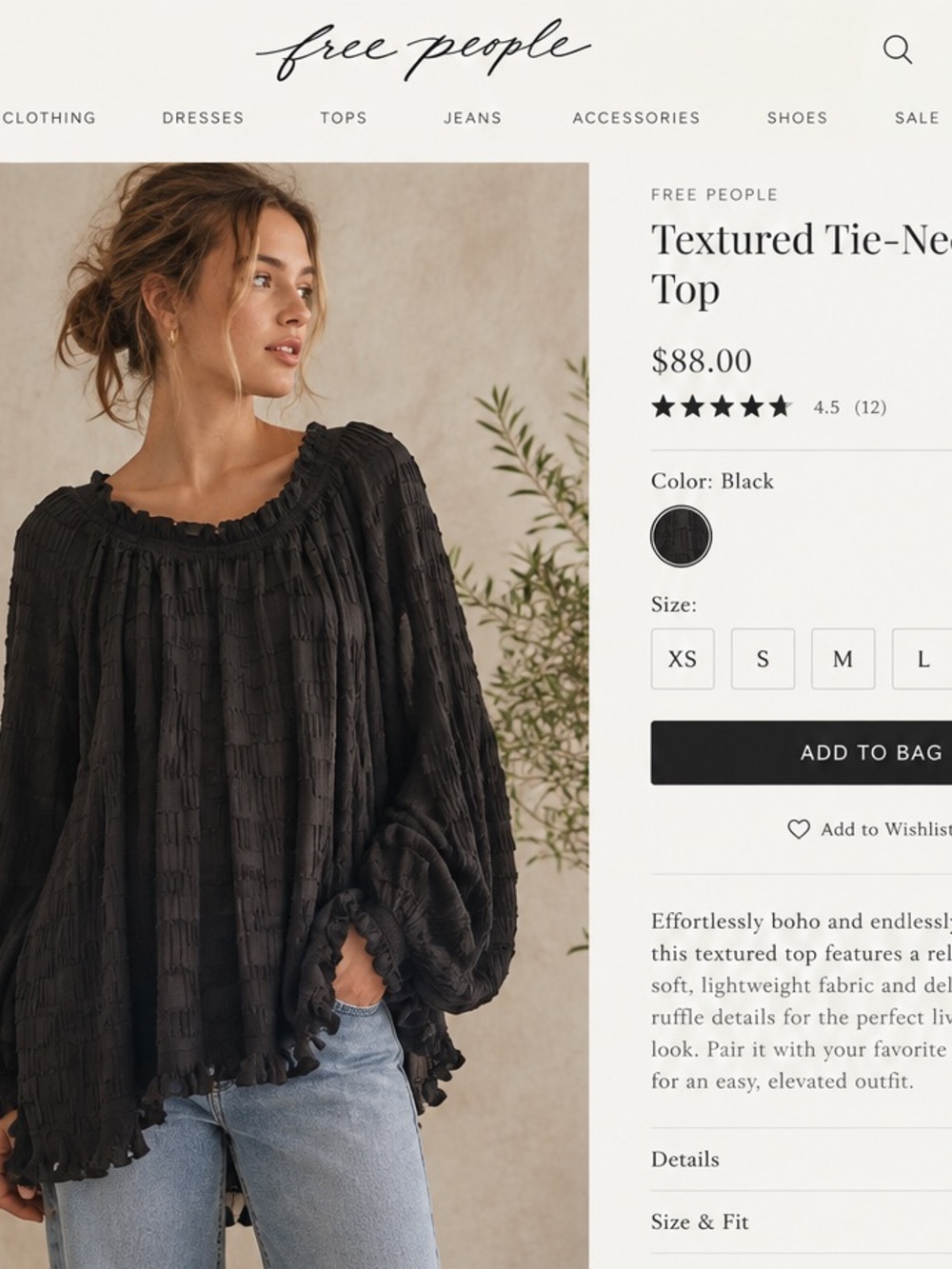 Free People Black Textured Boho Tie-Neck Tunic